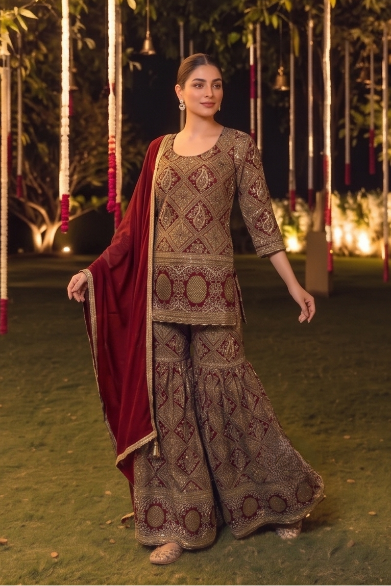 Royal Red Embellished Crepe Silk Sharara Set