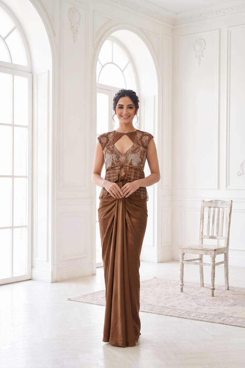 Bronze Aura Embellished Satin Silk Skirt Set