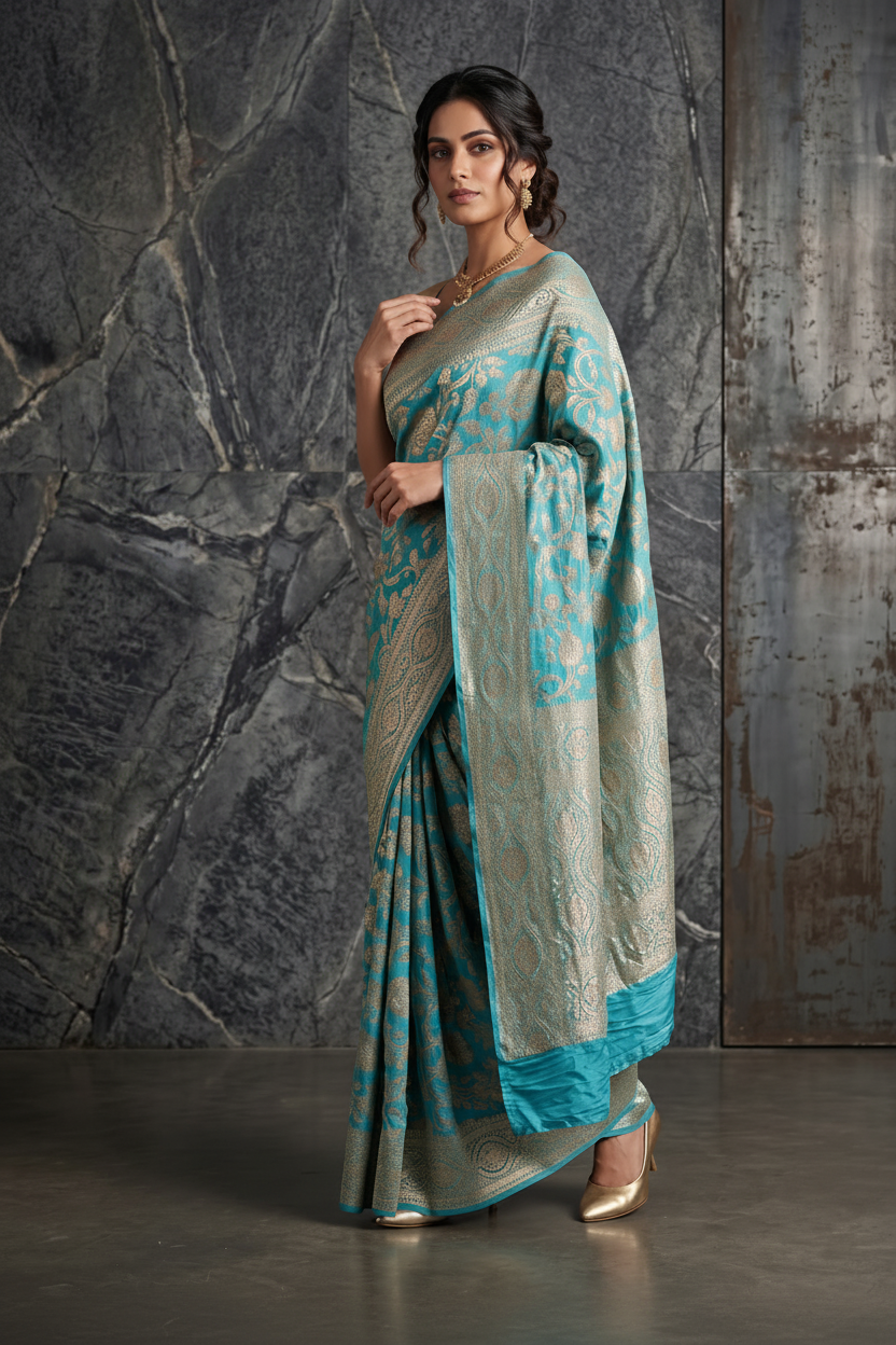 Turquoise Blue Zari Woven Georgette Silk Saree