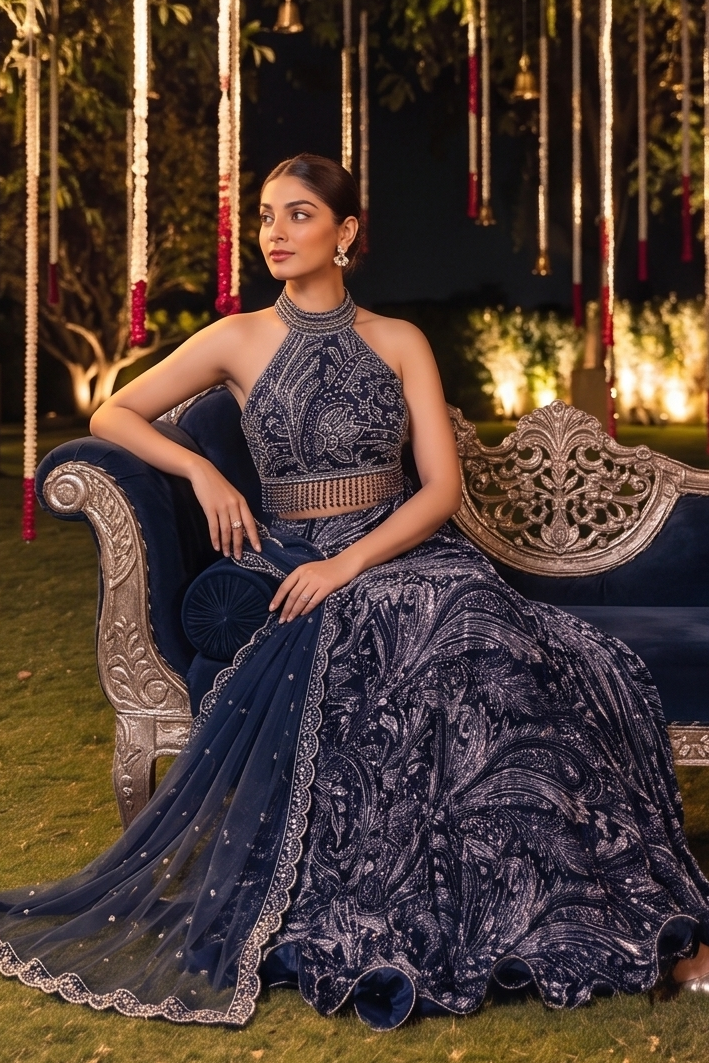 Deep Twilight Navy Embellished Velvet Silk Lehenga Set