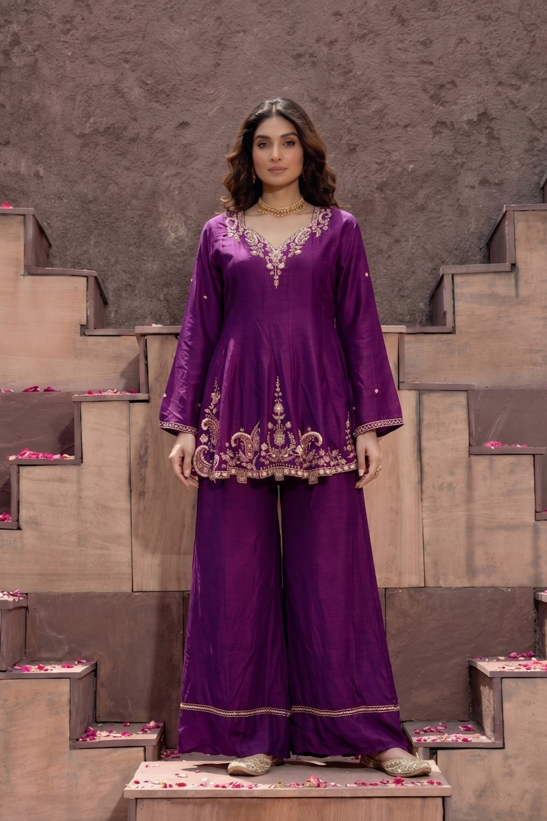 Wine Purple Embellished Crepe Silk Palazzo Set