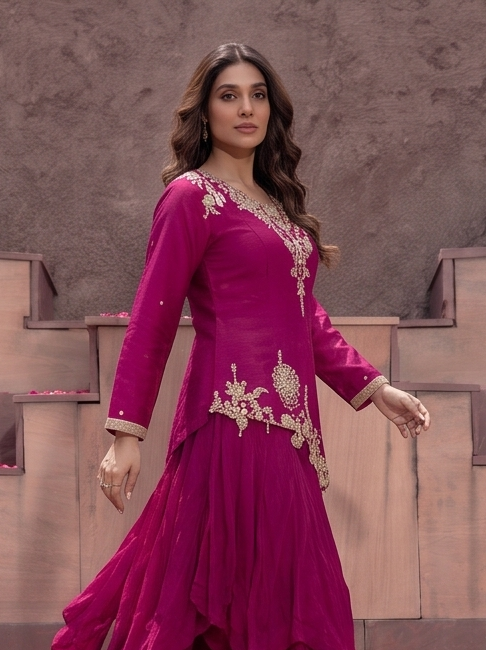 Quartz Rose Embellished Crepe Silk Skirt Set