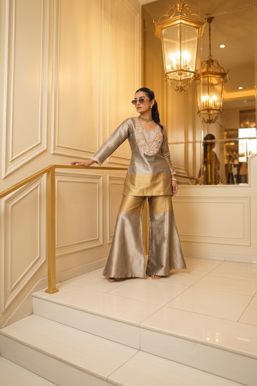 Champagne Noor Embellished Tissue Silk Palazzo Set