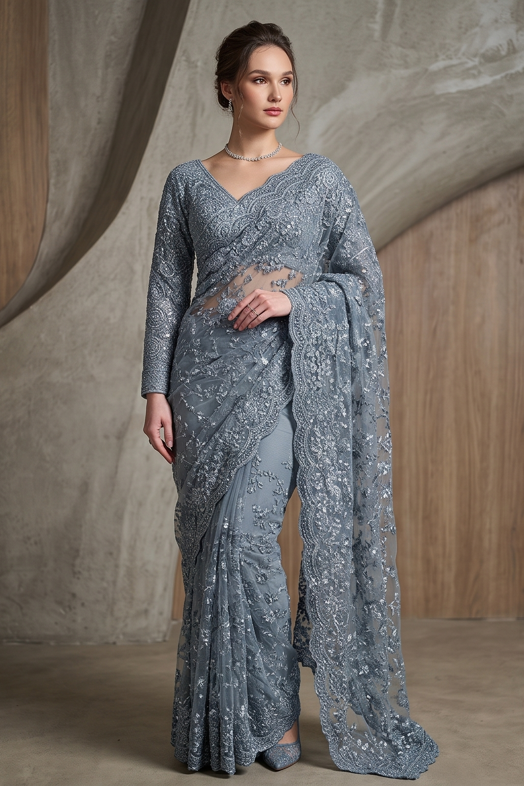 Moonlight Blue Embellished Premium Net Saree