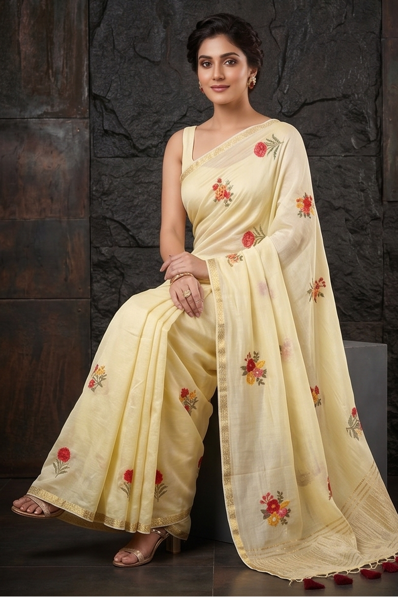Butter Yellow Embroidered Chinon Silk Saree