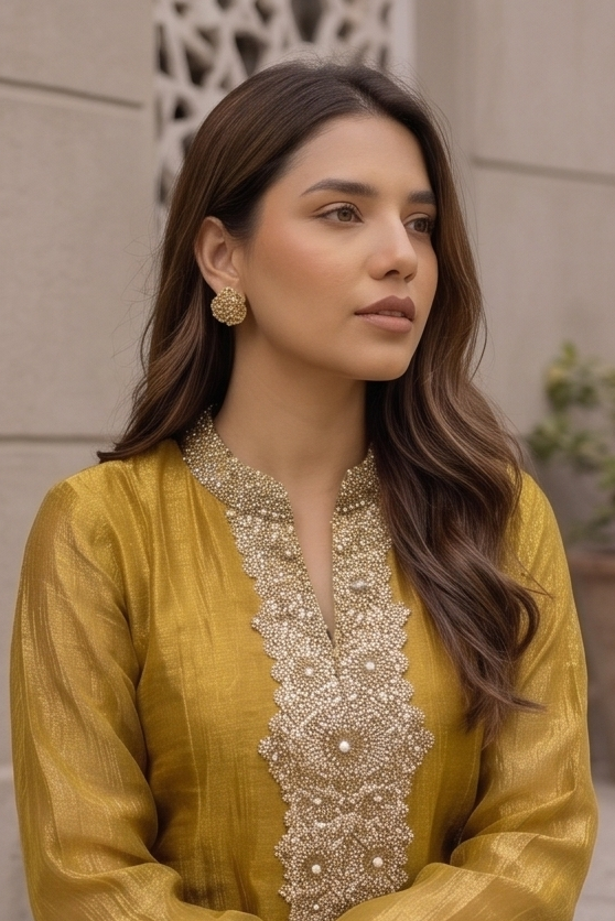 Mustard Gold Embellished Shimmer Tissue Silk Co-Ord Set