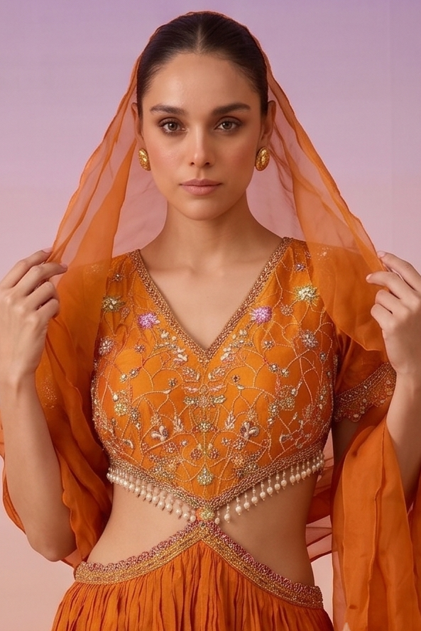 Coral Orange Embellished Chinon Silk Dress