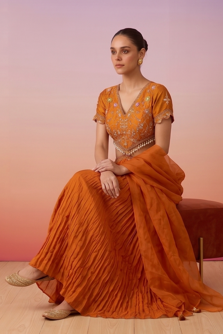 Coral Orange Embellished Chinon Silk Dress