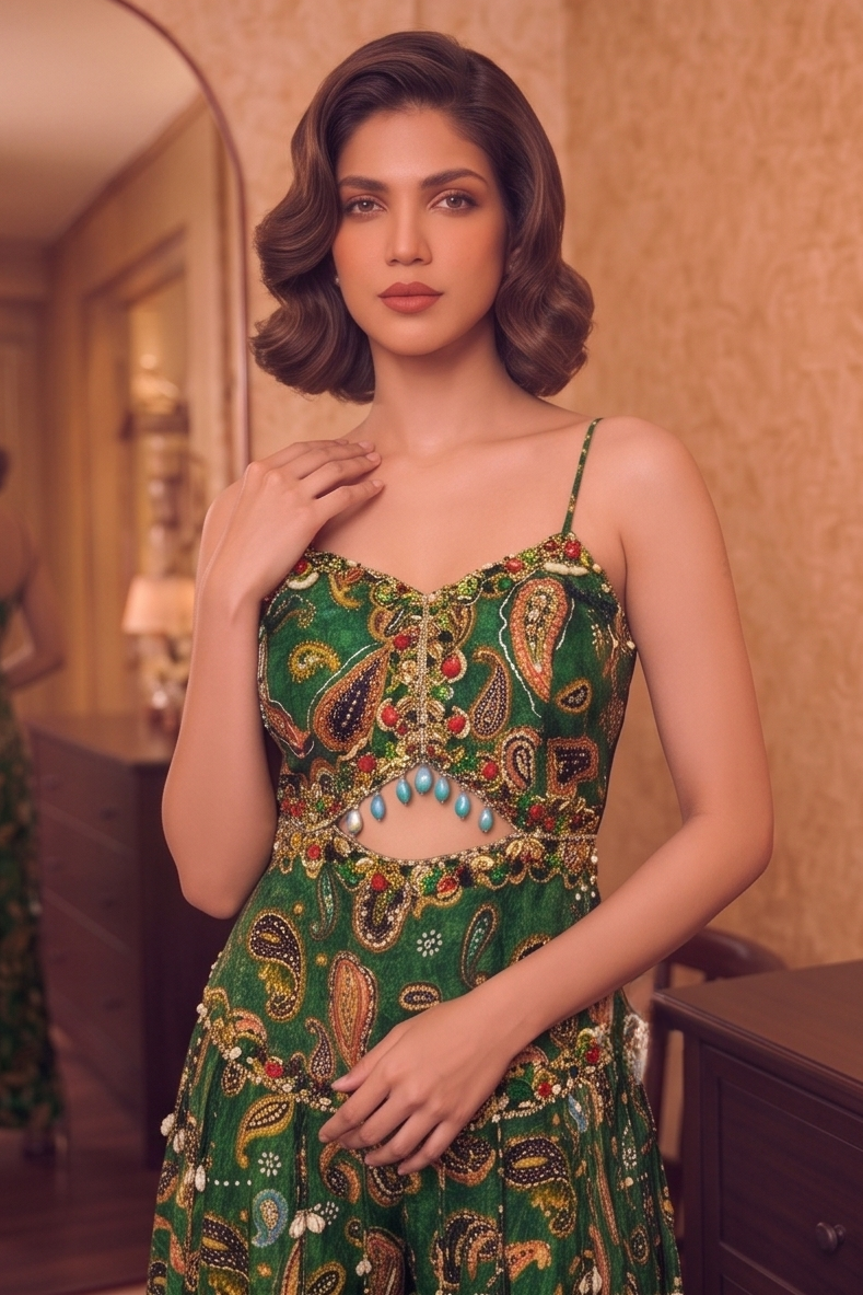 Emerald Green Embroidered Crepe Silk Jumpsuit