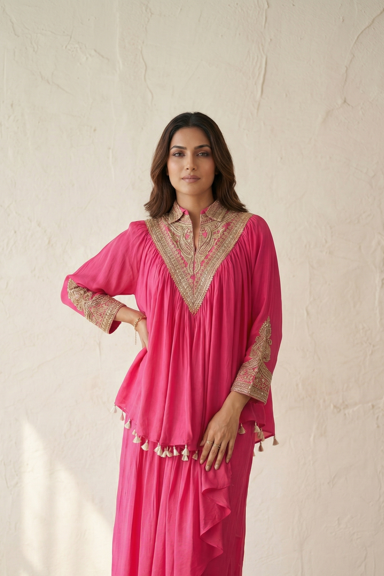 Bright Peony Embellished Crepe Silk Dhoti Skirt Set