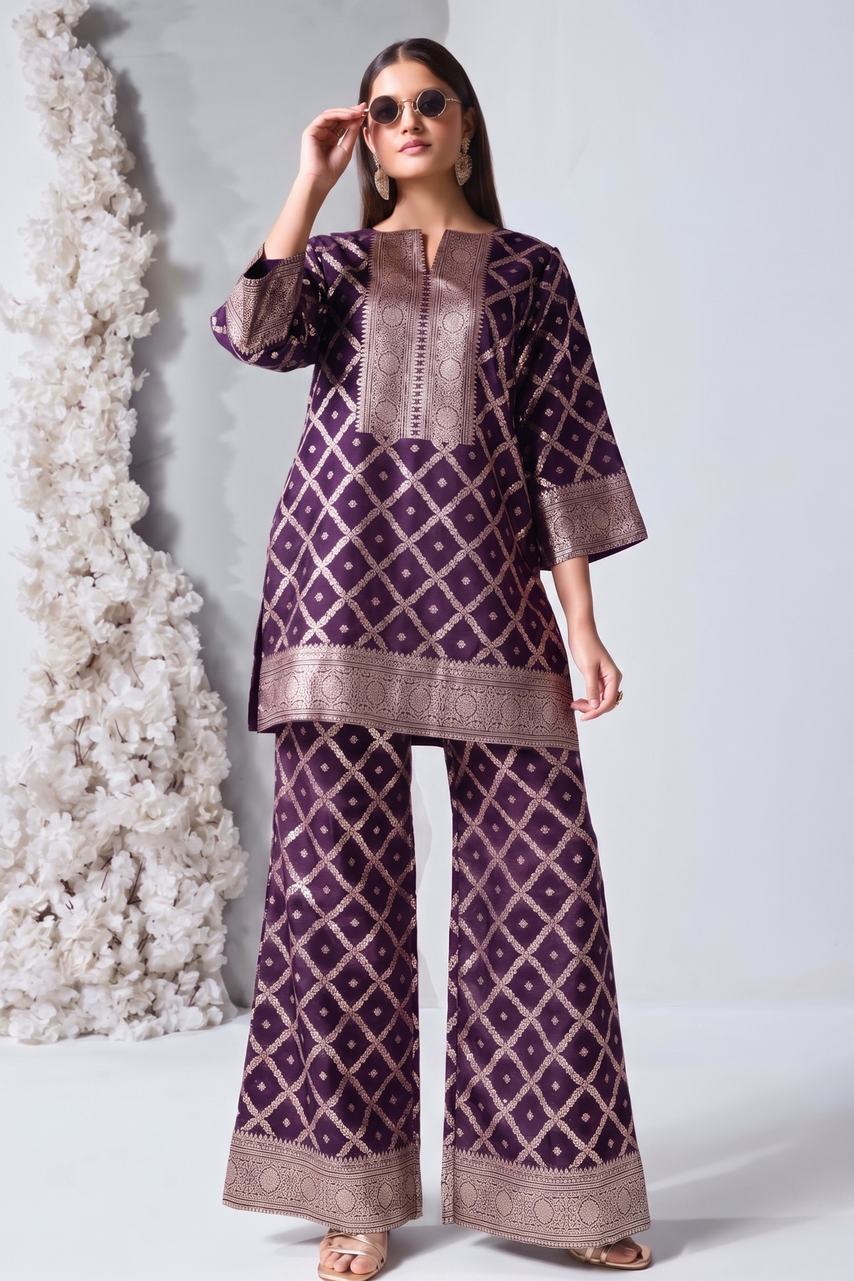 Dark Purple Embellished Viscose Silk Co-Ord Set