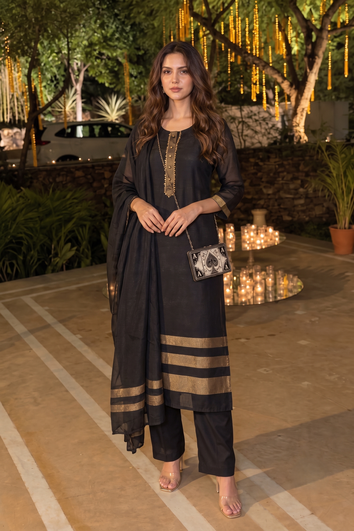 Midnight Black Embellished Crepe Silk Pant Set
