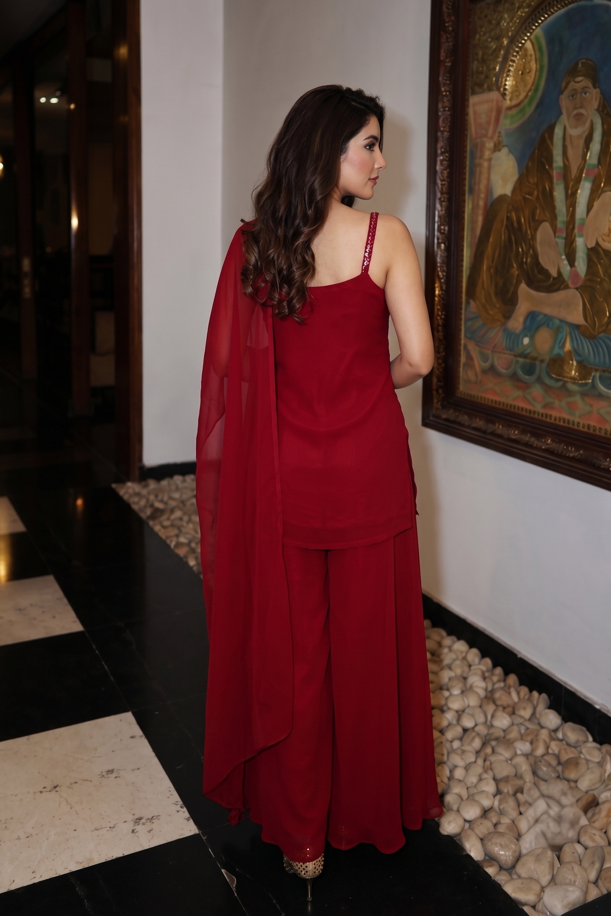 Ruby Red Embellished Georgette Silk Palazzo Set