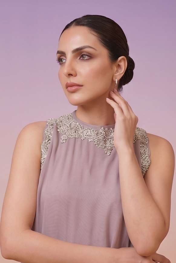 Lilac Mauve Embellished Chinon Silk Palazzo Set