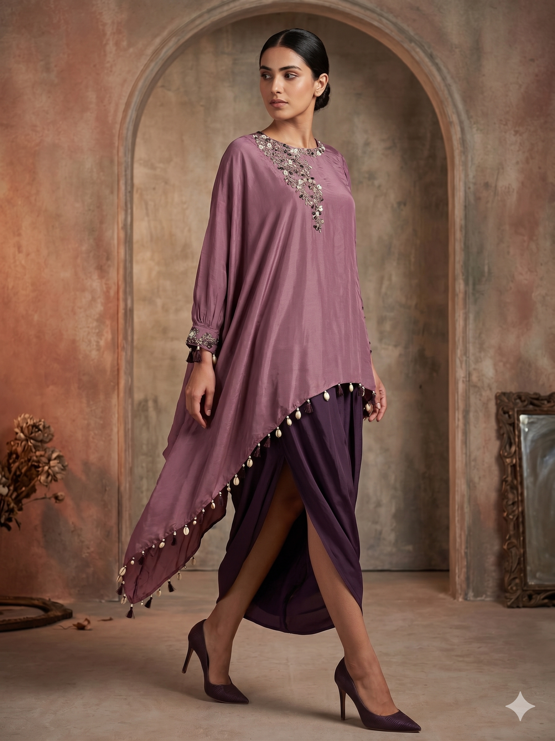Dusty Mauve Embellished Raw Silk Kaftan Dress
