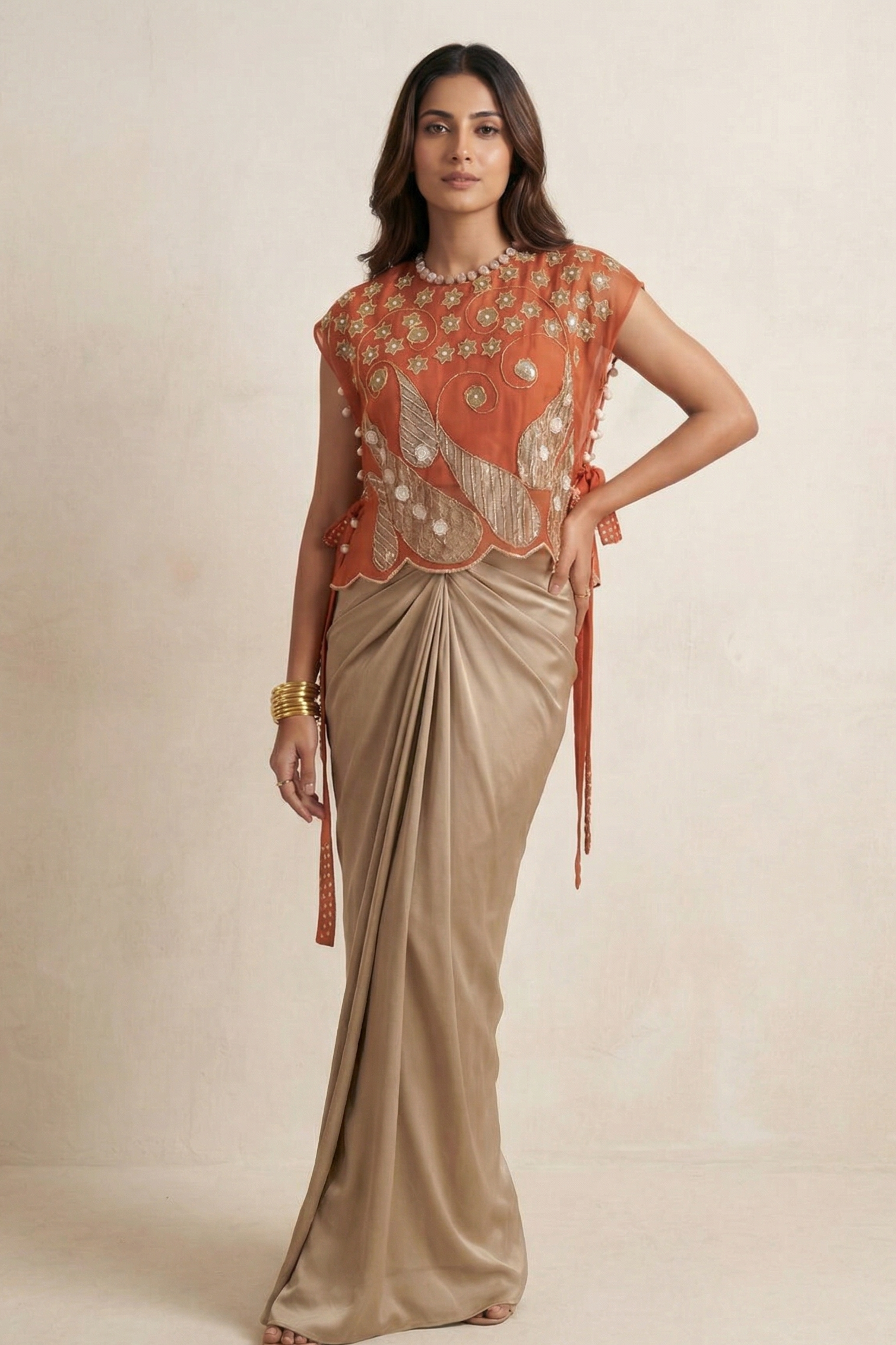 Orange Embroidered Satin Silk Drape Skirt Set