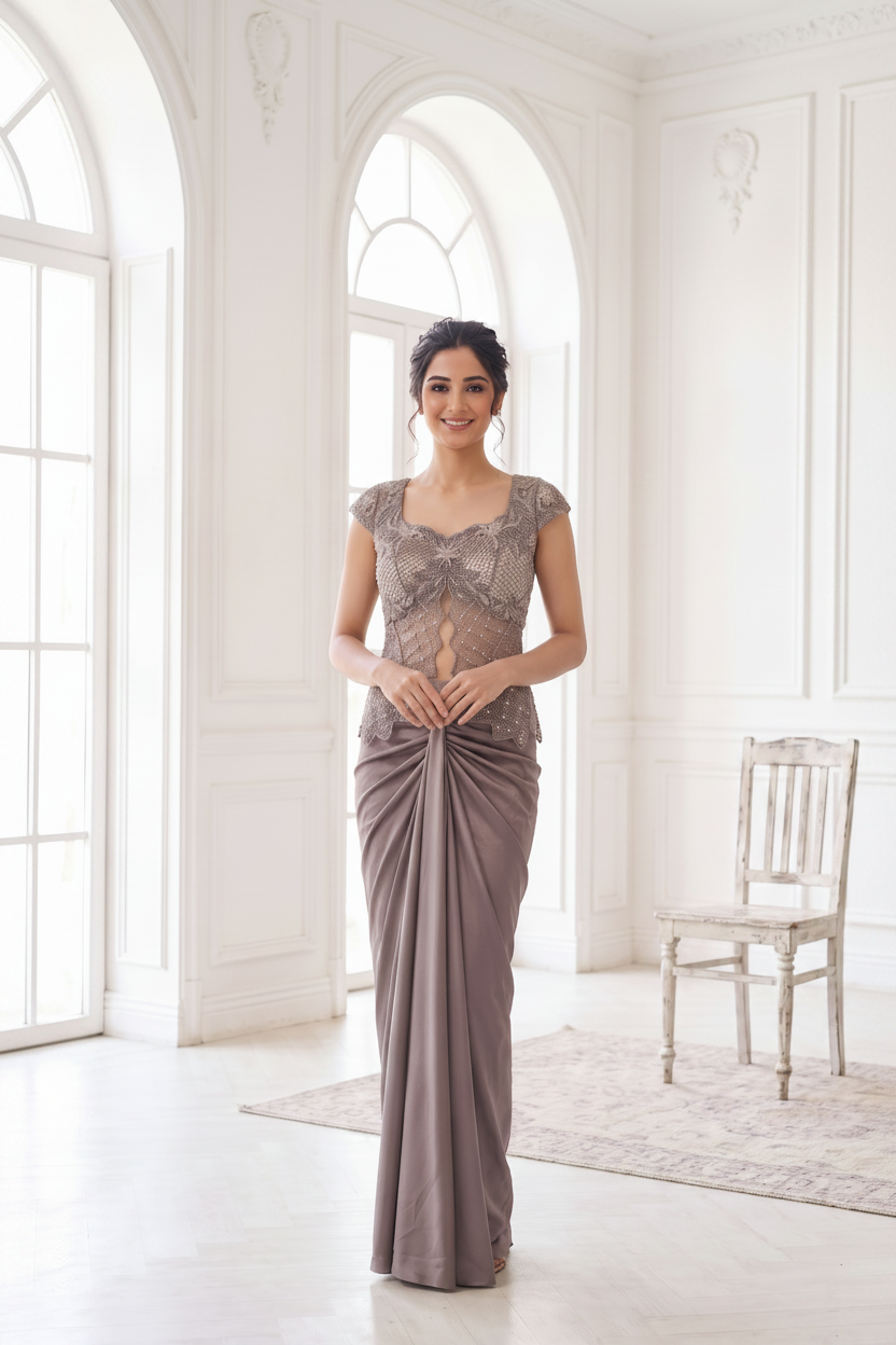 Dusty Aura Embellished Satin Silk Skirt Set