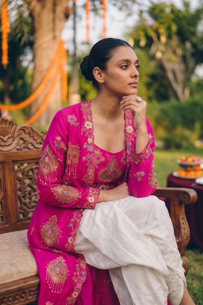 Hot Pink Embellished Crepe Silk Dhoti Set