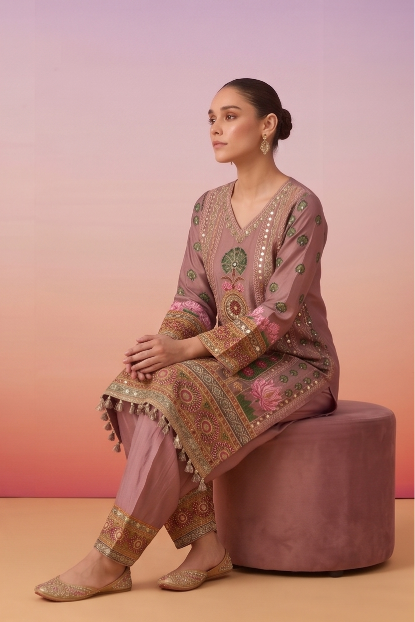 Pink Dust Embellished Muslin Silk Salwar Set
