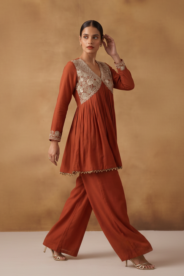 Saffron Orange Embellished Chinon Silk Palazzo Set