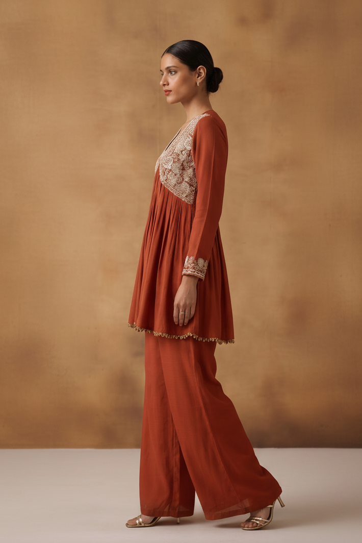 Saffron Orange Embellished Chinon Silk Palazzo Set