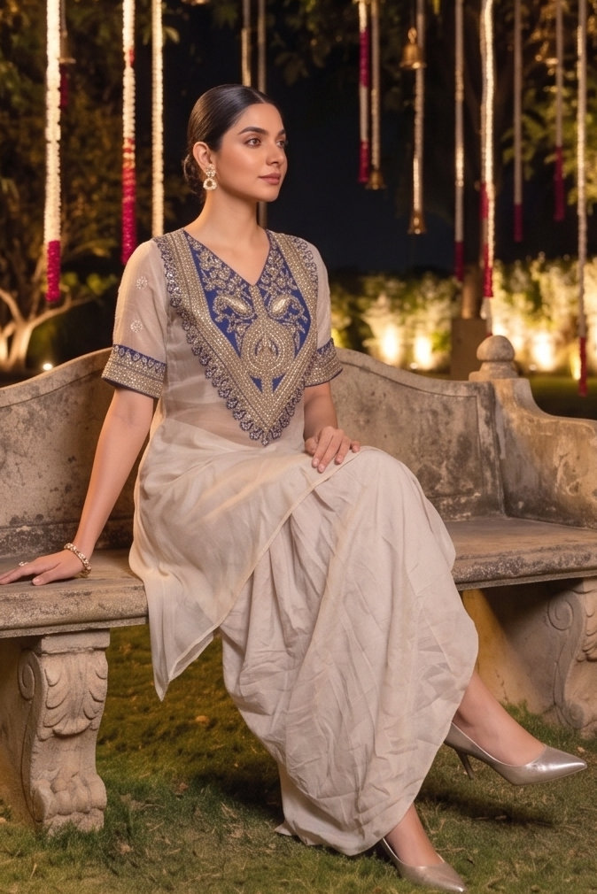 Champagne Blue Embellished Crepe Silk Skirt Set