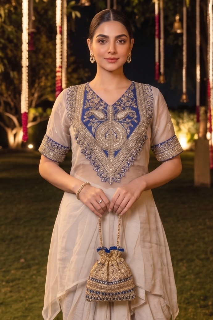 Champagne Blue Embellished Crepe Silk Skirt Set