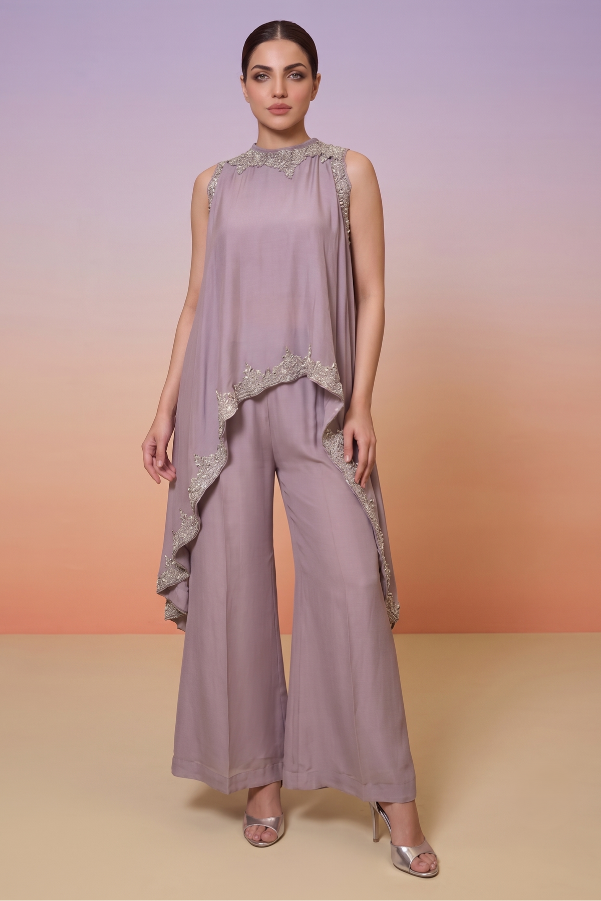 Lilac Mauve Embellished Chinon Silk Palazzo Set