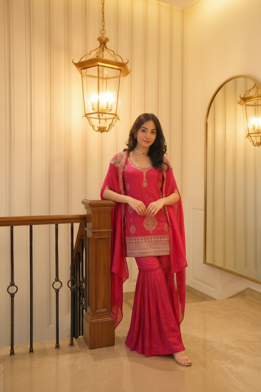 Ruby Pink Embellished Raw Silk Sharara Set