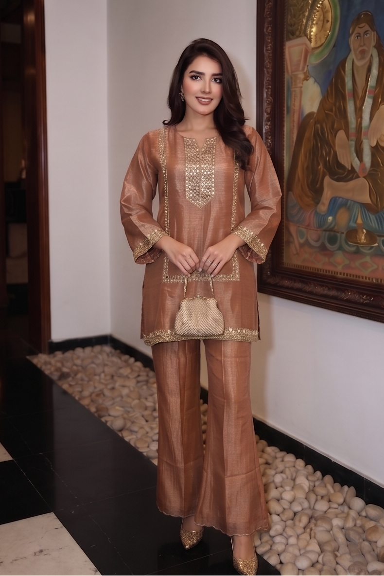 Dusty Rose Embellished Tissue Silk Palazzo Set