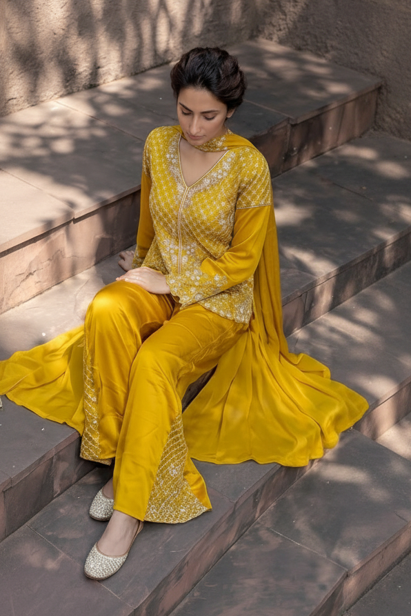 Golden Yellow Embellished Crepe Silk Palazzo Set