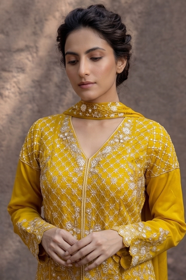 Golden Yellow Embellished Crepe Silk Palazzo Set