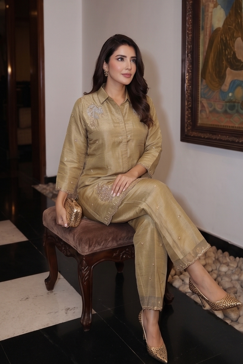 Beige Gold Embellished Tissue Silk Palazzo Set
