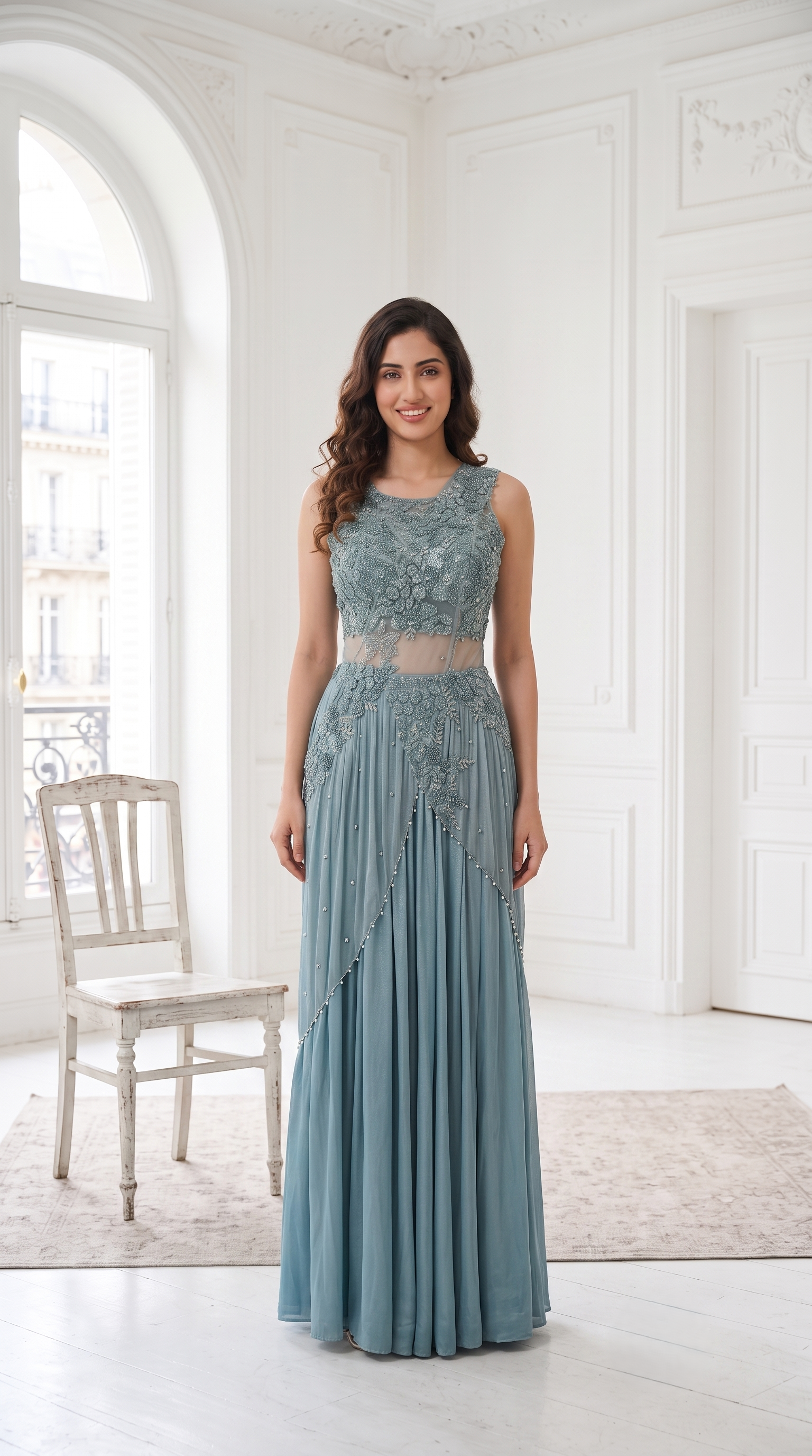 Soft Sea-Blue Embellished Crepe Silk Saree