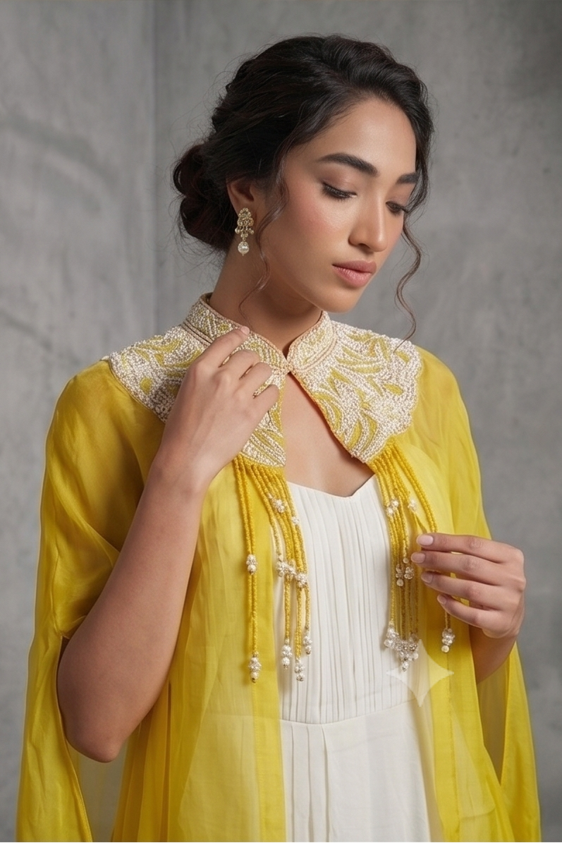 Ivory White Embellished Chinon Silk Cape Set