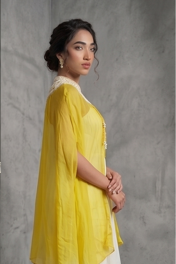Ivory White Embellished Chinon Silk Cape Set