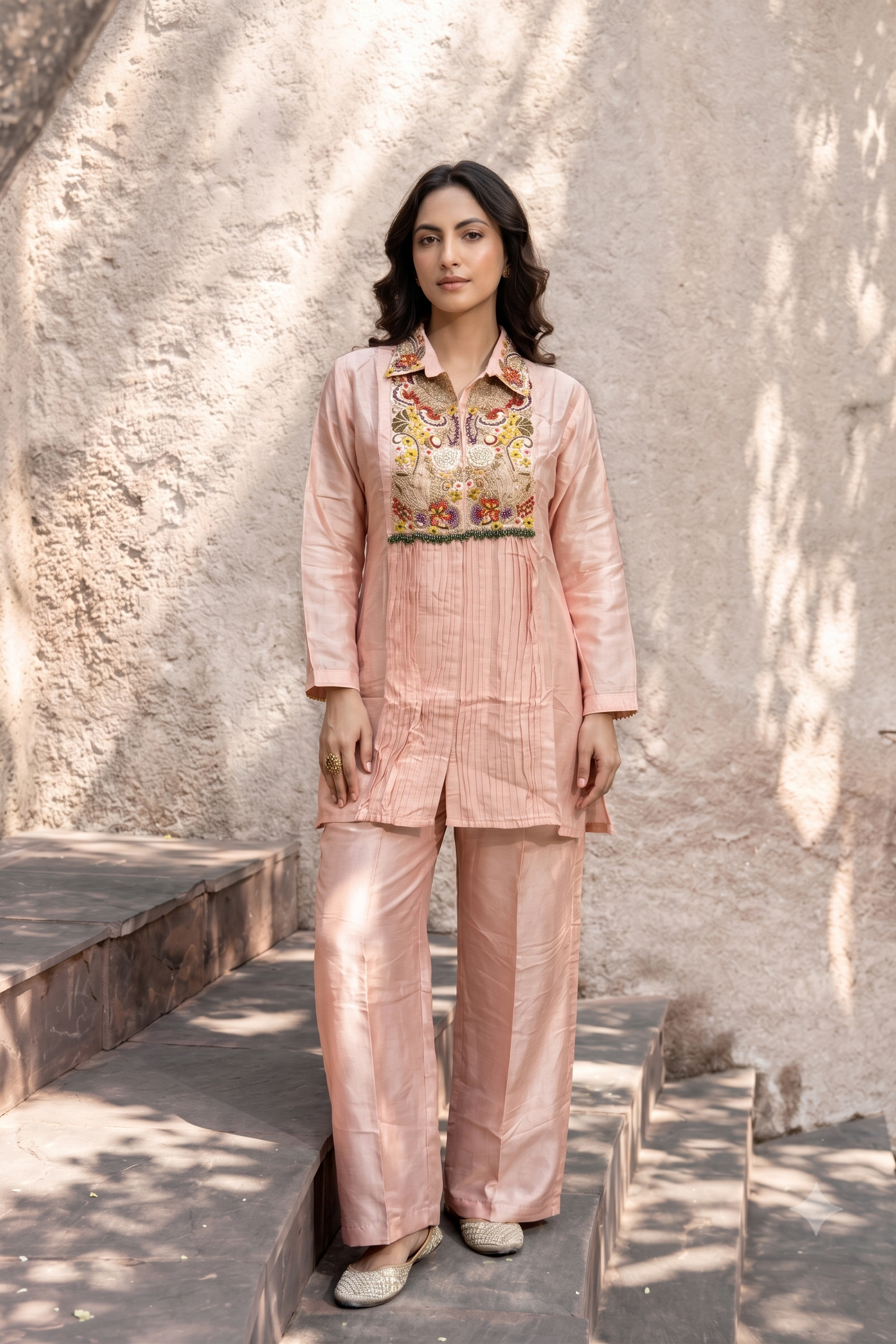 Pastel Peach Embellished Crepe Silk Palazzo Set