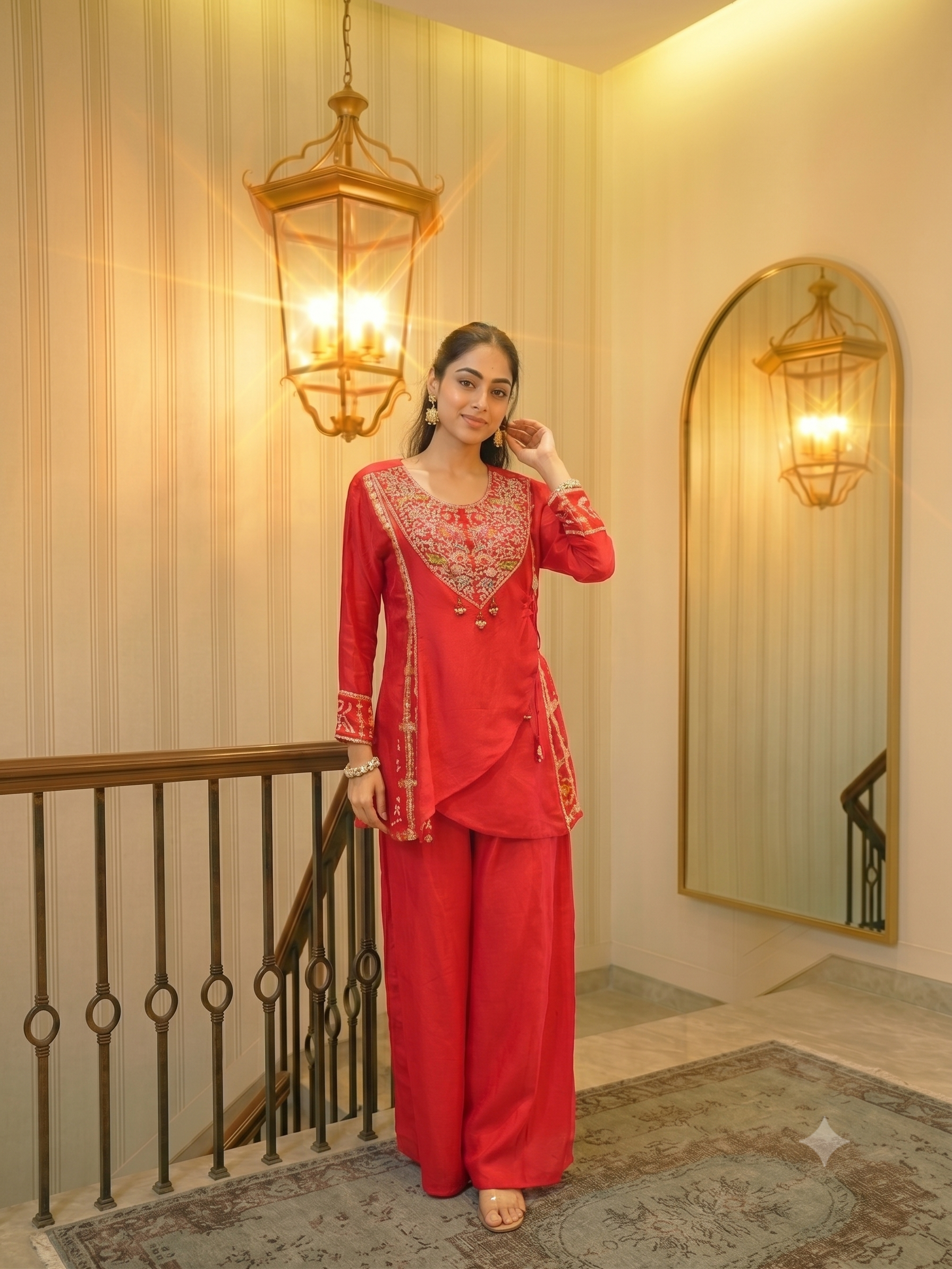 Vermilion Embellished Raw Silk Palazzo Set