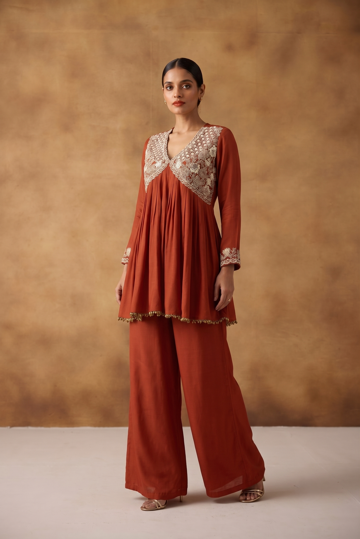 Saffron Orange Embellished Chinon Silk Palazzo Set