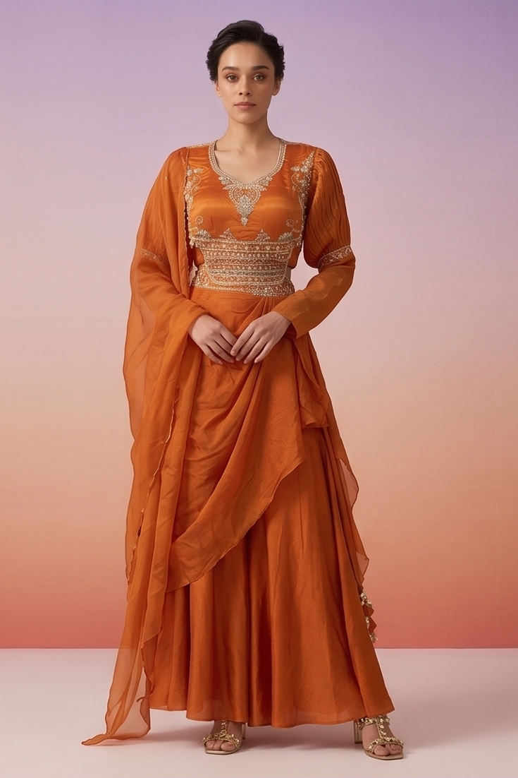 Burnt Orange Embellished Crepe Silk Skirt Set