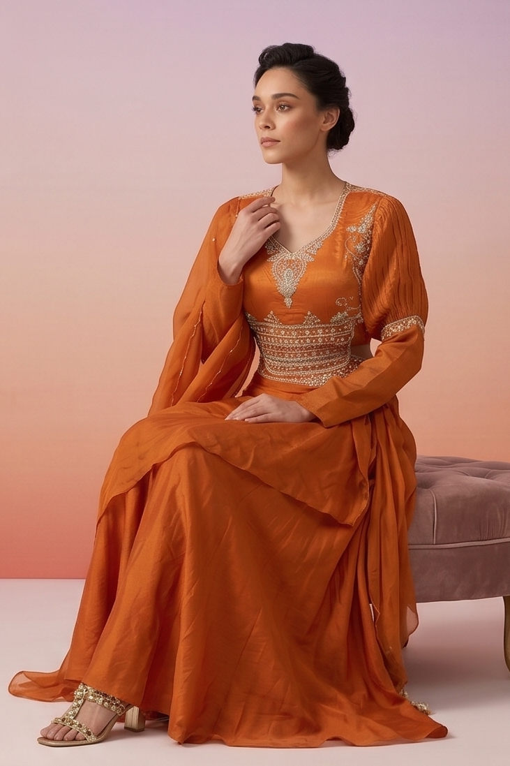 Burnt Orange Embellished Crepe Silk Skirt Set