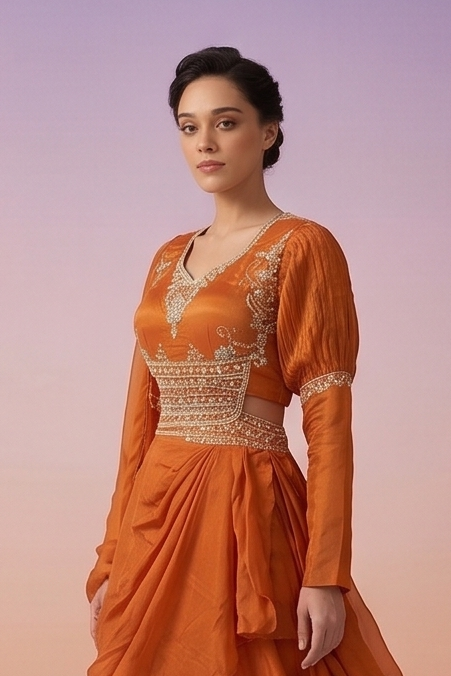 Burnt Orange Embellished Crepe Silk Skirt Set