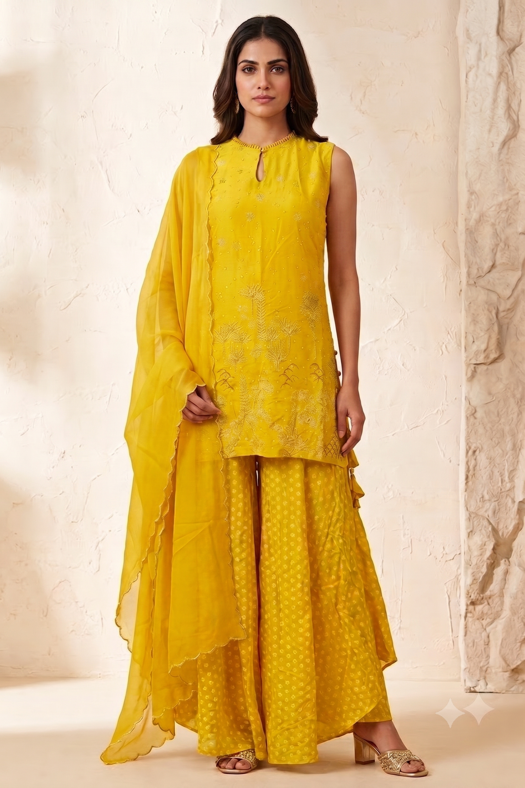 Amber Yellow Embellished Crepe Silk Palazzo Set