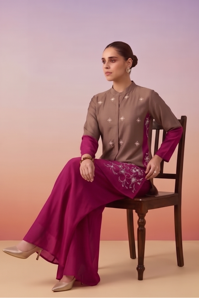 Brown & Magenta Embellished Crepe Silk Co-ord Set