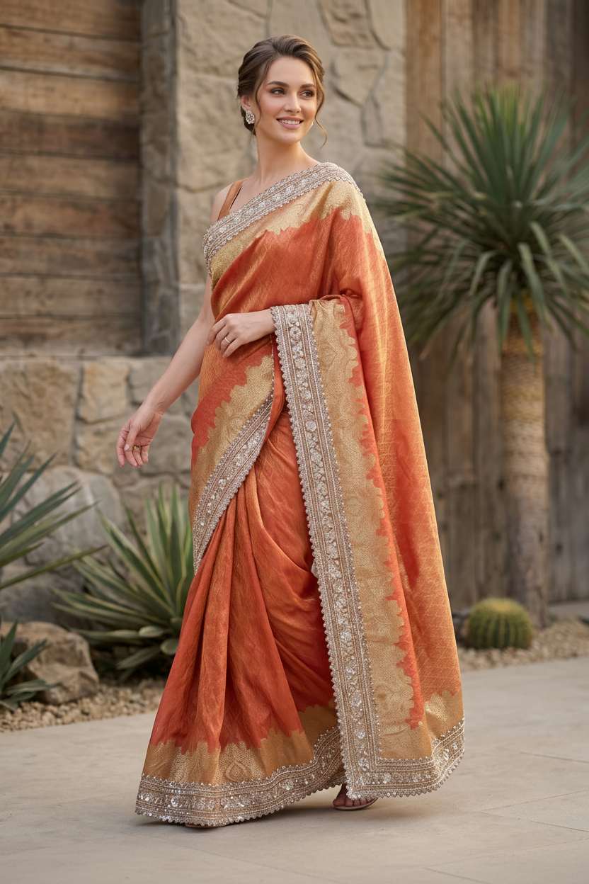 Rust Peach Embellished Shimmer Tissue Silk Saree