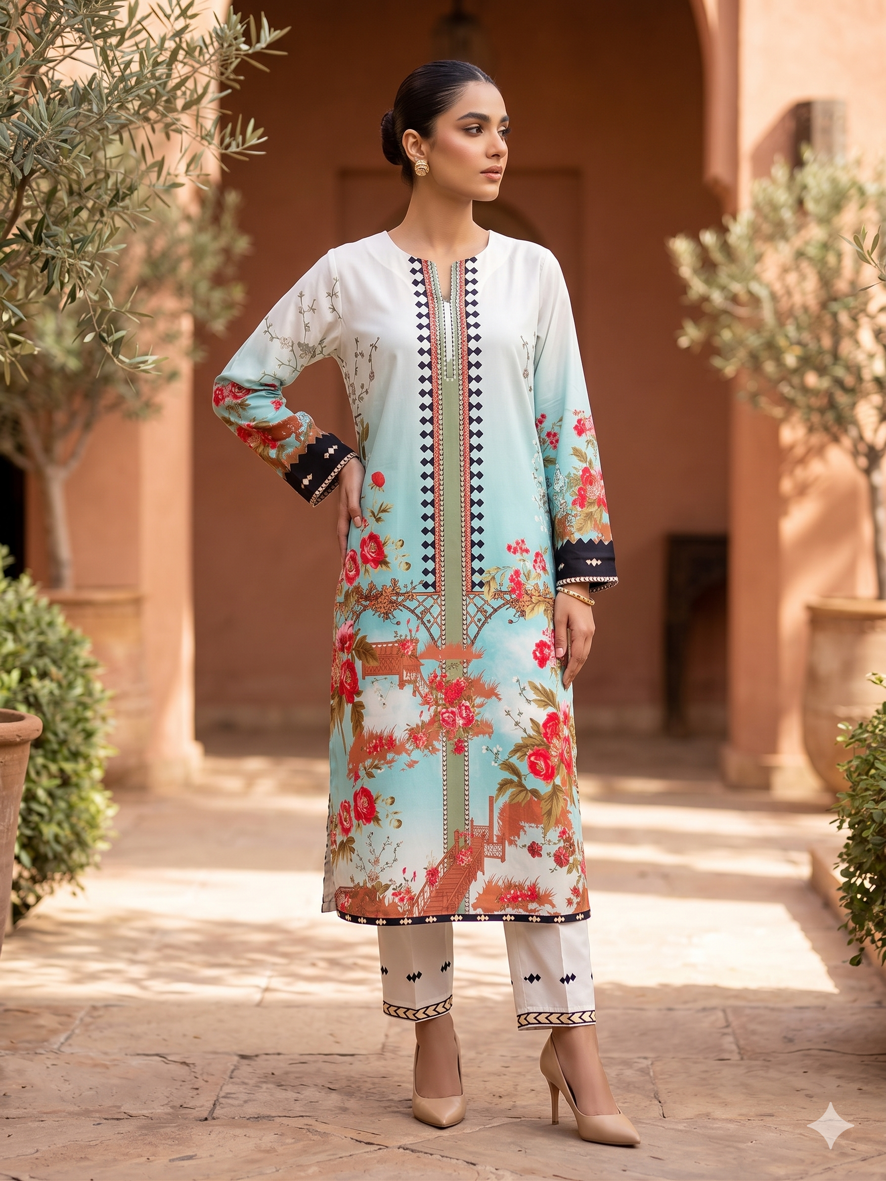 Sky Blue & Ivory Floral Korean Silk Kurta Set