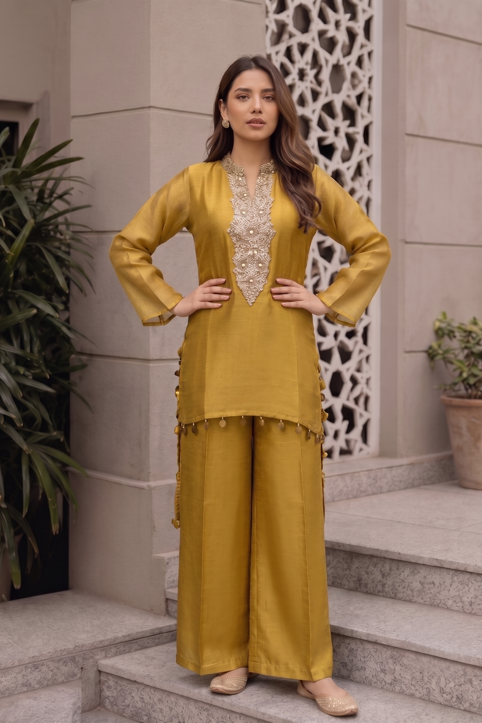 Mustard Gold Embellished Shimmer Tissue Silk Co-Ord Set