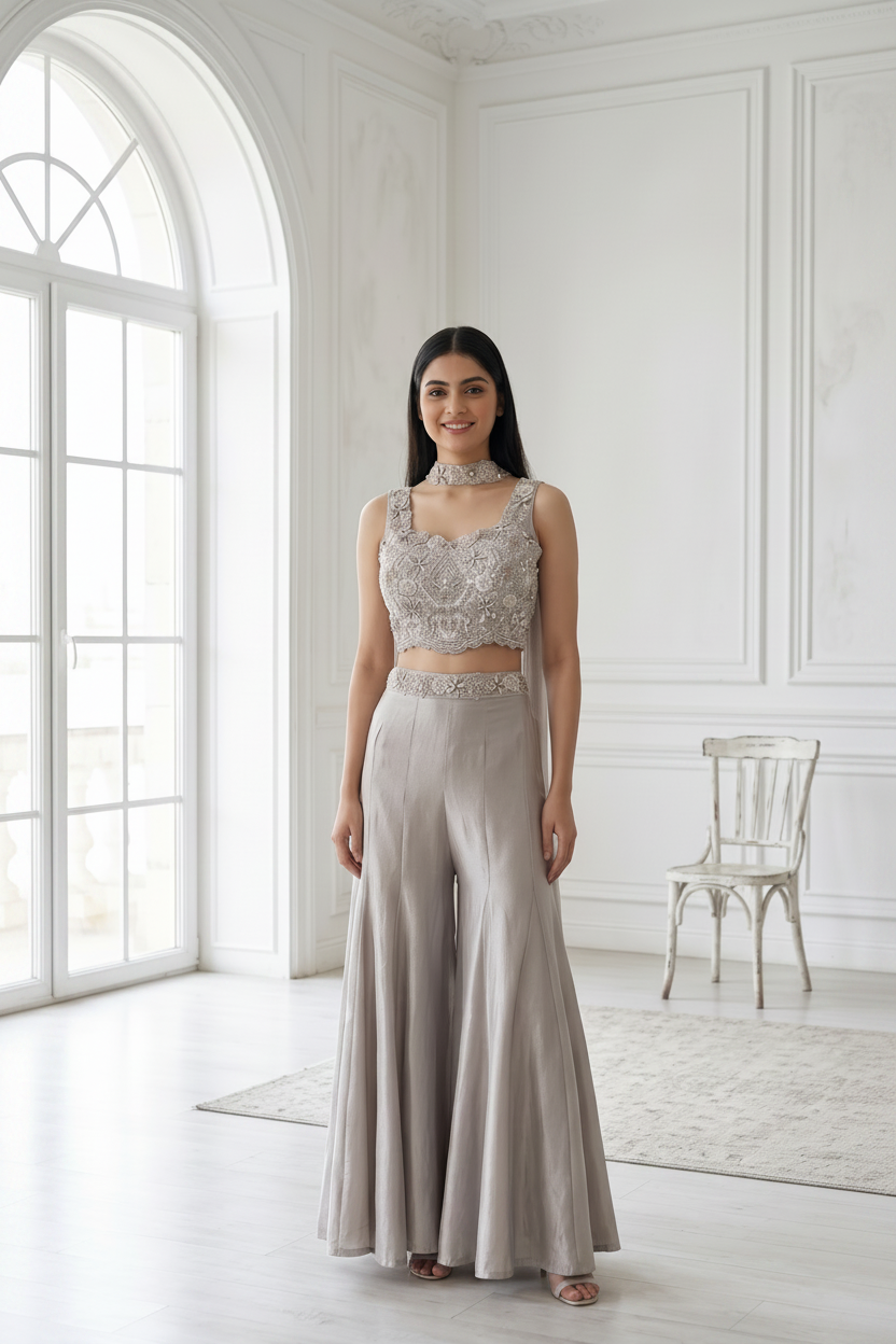 Royal Silver Embellished Satin Silk Palazzo Set