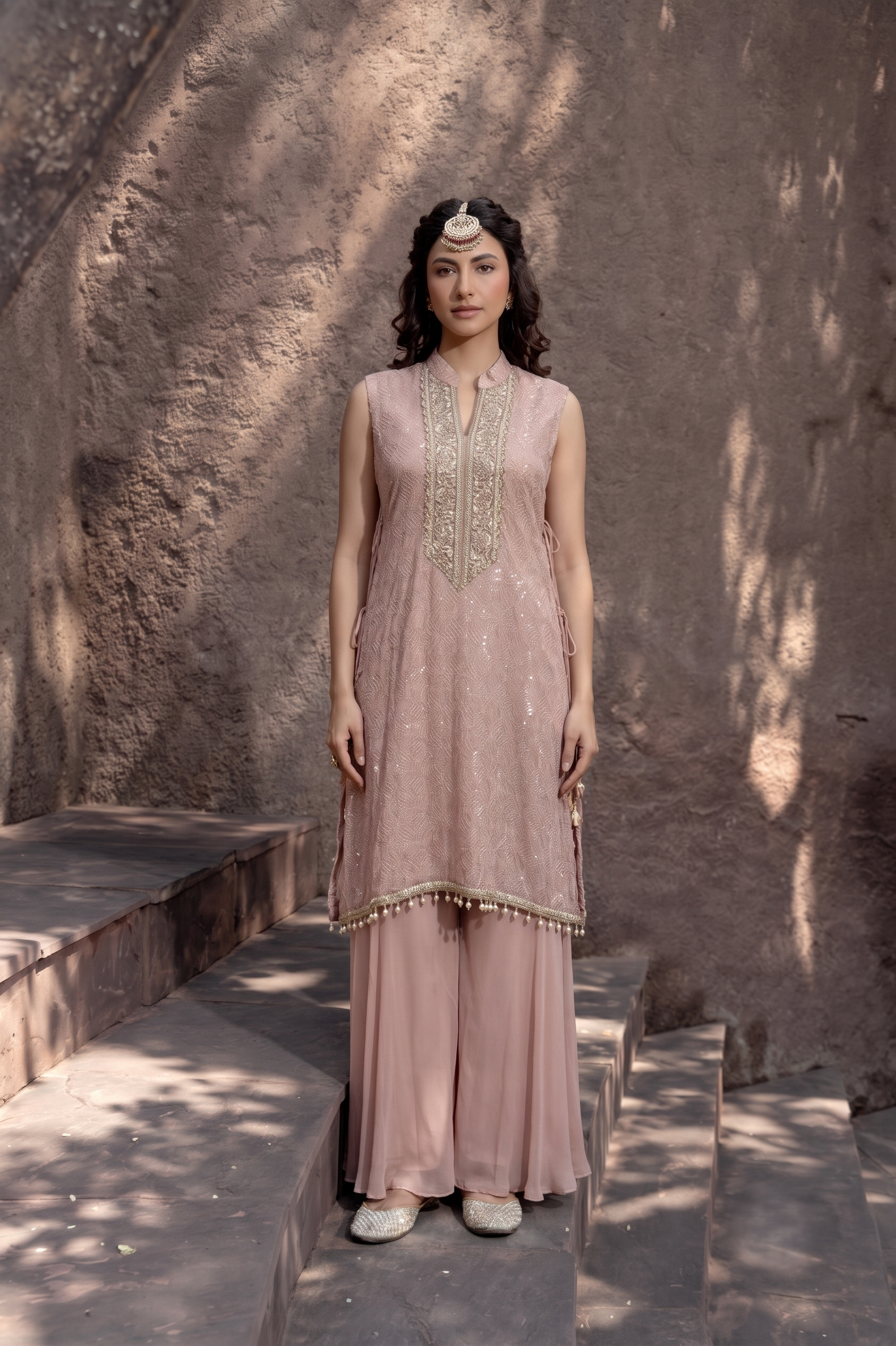 Nude Rose Embellished Shimmer Tissue Silk Co-Ord Set