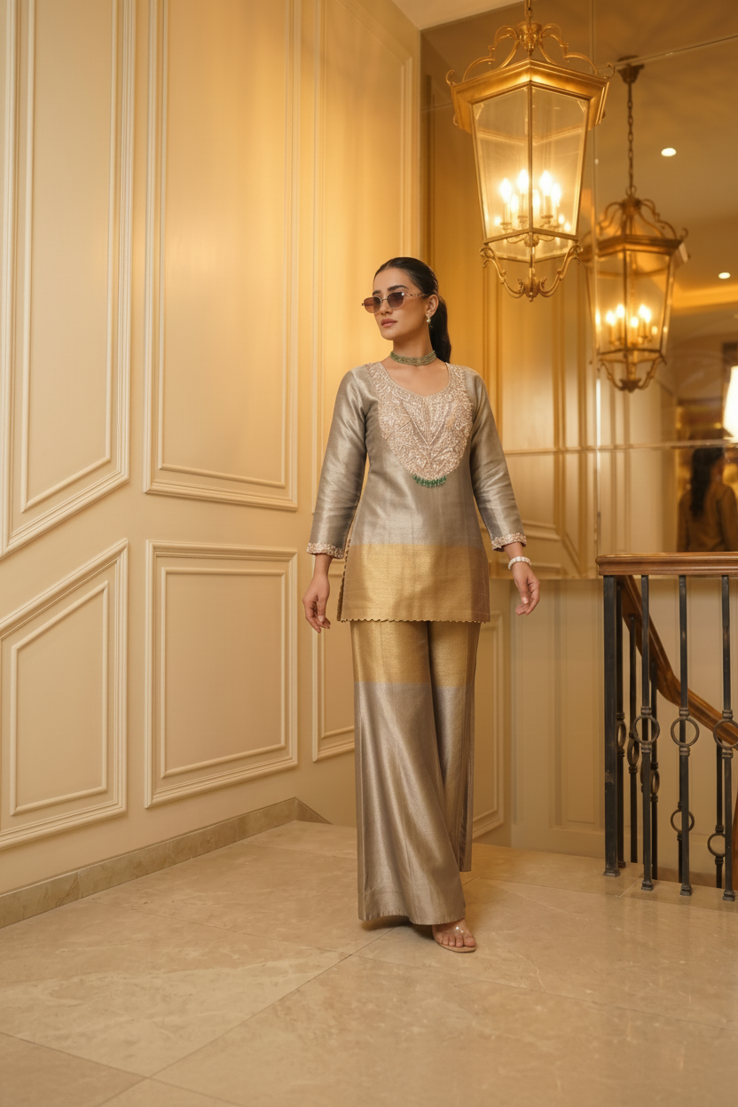 Champagne Noor Embellished Tissue Silk Palazzo Set